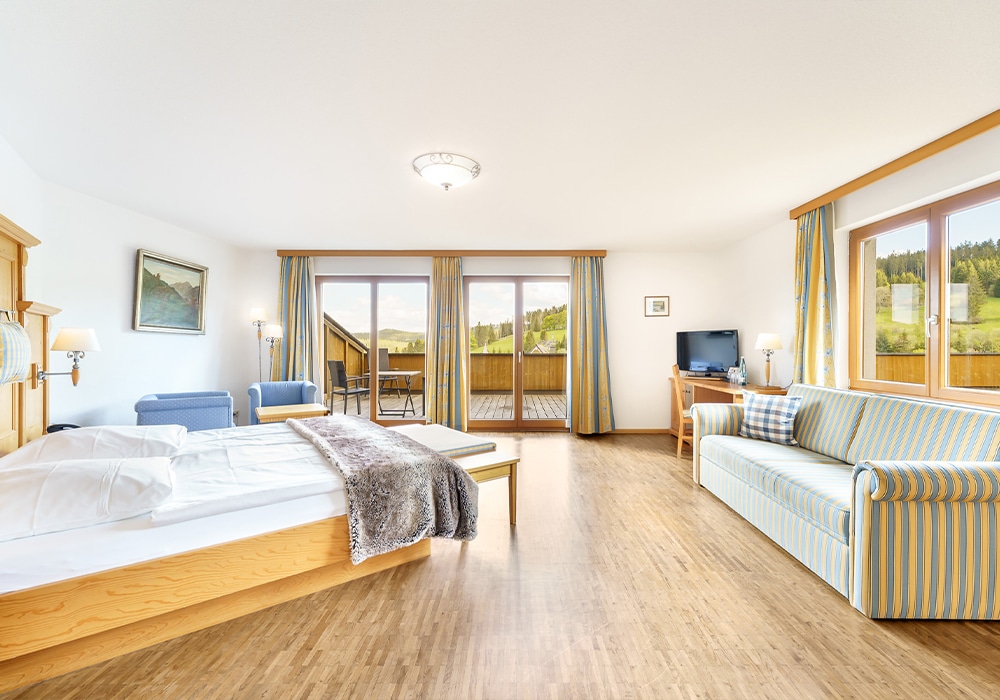 Helles, lichtdurchflutetes Doppelzimmer mit Sofa und Balkon